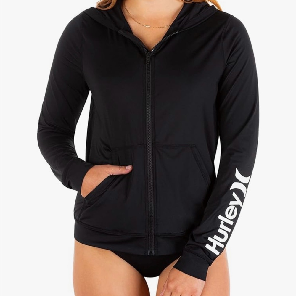 Hurley Women’s Full Zip Hooded Rash Guard – Black (UPF 50+) - Picture 3 of 7